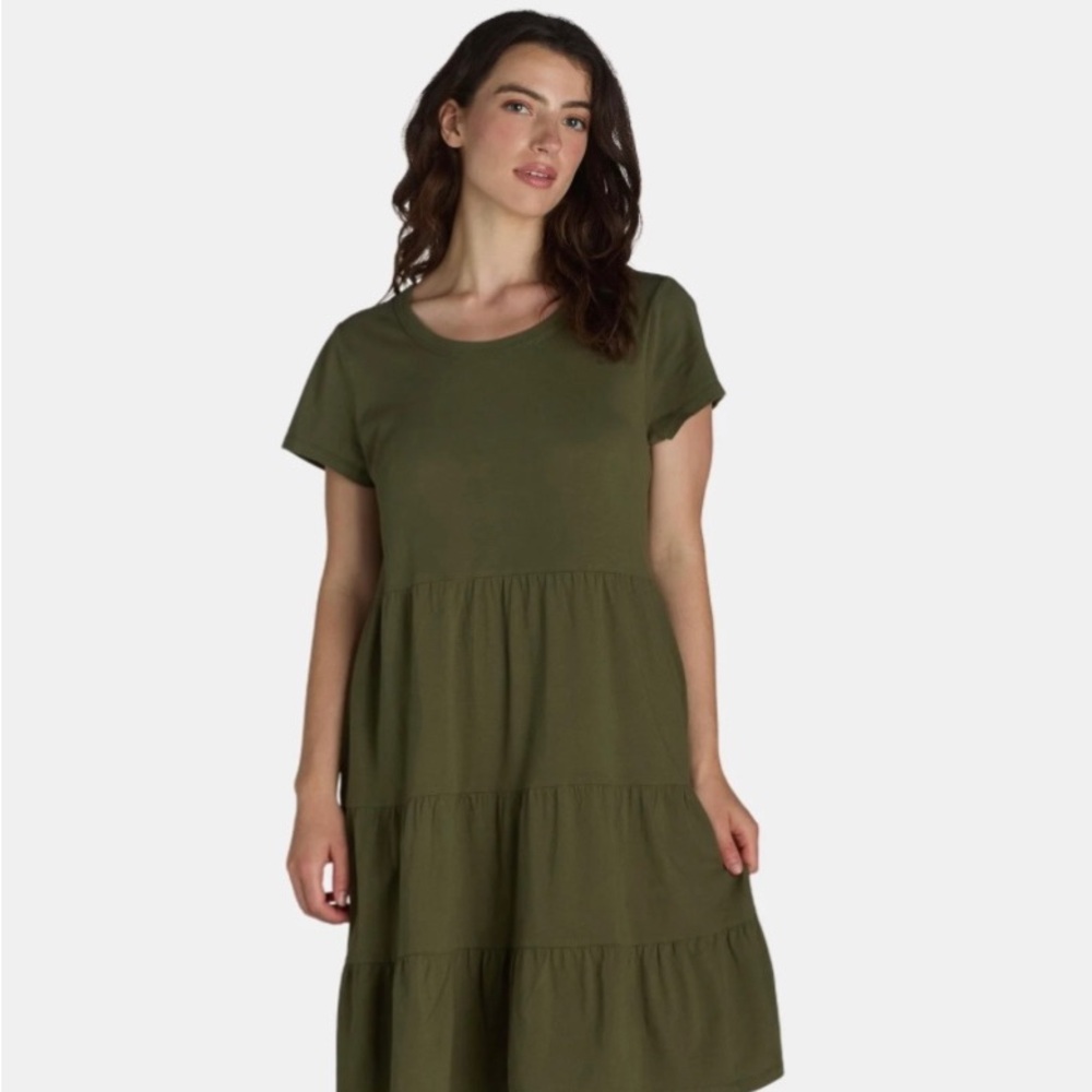 Women's Olive Cotton Knit Tiered Dress, Size XL
